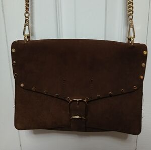 Rebecca Minkoff Darren Studded Suede Crossbody Messenger Bag Brown Gold Hardware